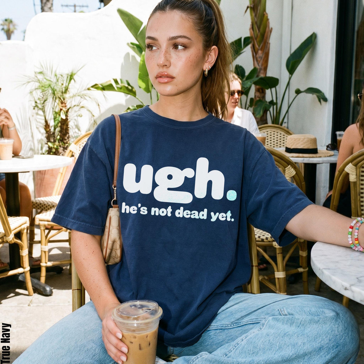 Navy t-shirt with white text &amp;quot;ugh. he&amp;
