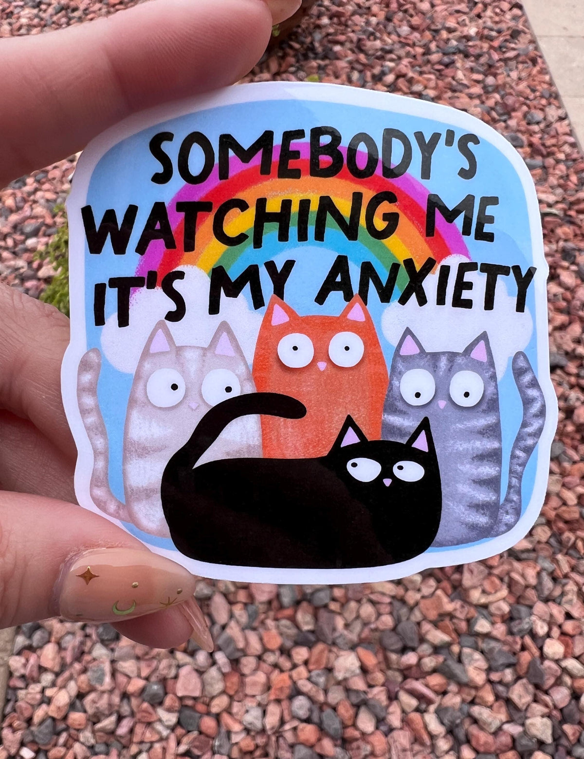 May include: A sticker with a blue background, a rainbow, and cartoon cats. The text reads &amp;quot;SOMEBODY&amp;