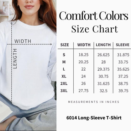Comfort Colors 6014 Long-Sleeve T-Shirt size chart with width, length, and sleeve measurements in inches.