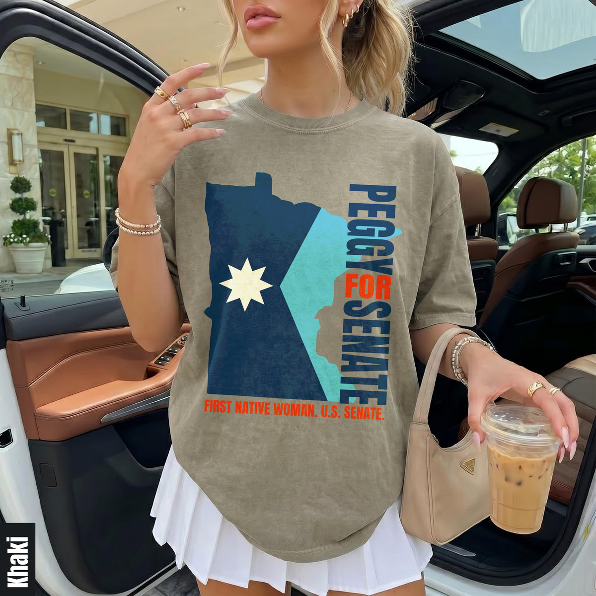 T-shirt with &amp;quot;Peggy For Senate First Native Woman U.S. Senate&amp;quot; text and Minnesota outline graphic.