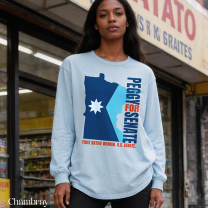 Light blue long sleeve shirt with Minnesota outline and &amp;quot;Peggy for Senate&amp;quot; text.