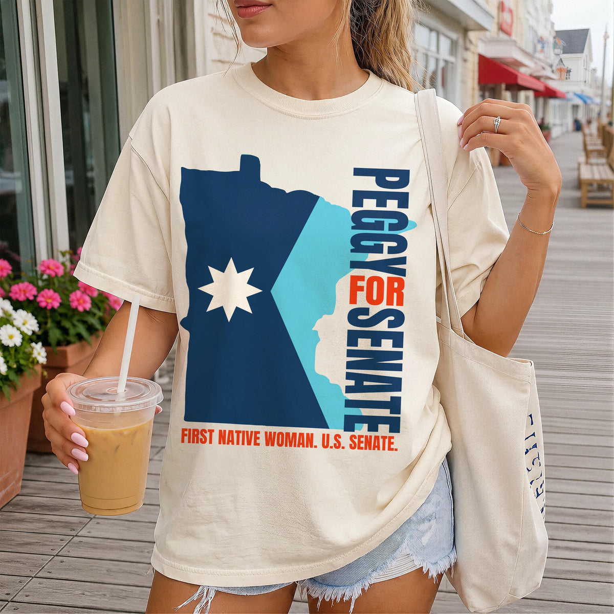 Peggy for Senate graphic on t-shirt with text &amp;quot;First Native Woman. U.S. Senate.&amp;quot;