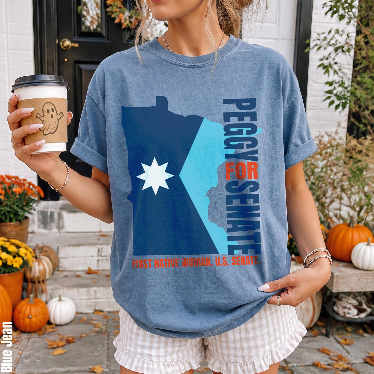 Blue t-shirt with map graphic: Peggy for Senate, First Native Woman U.S. Senate.
