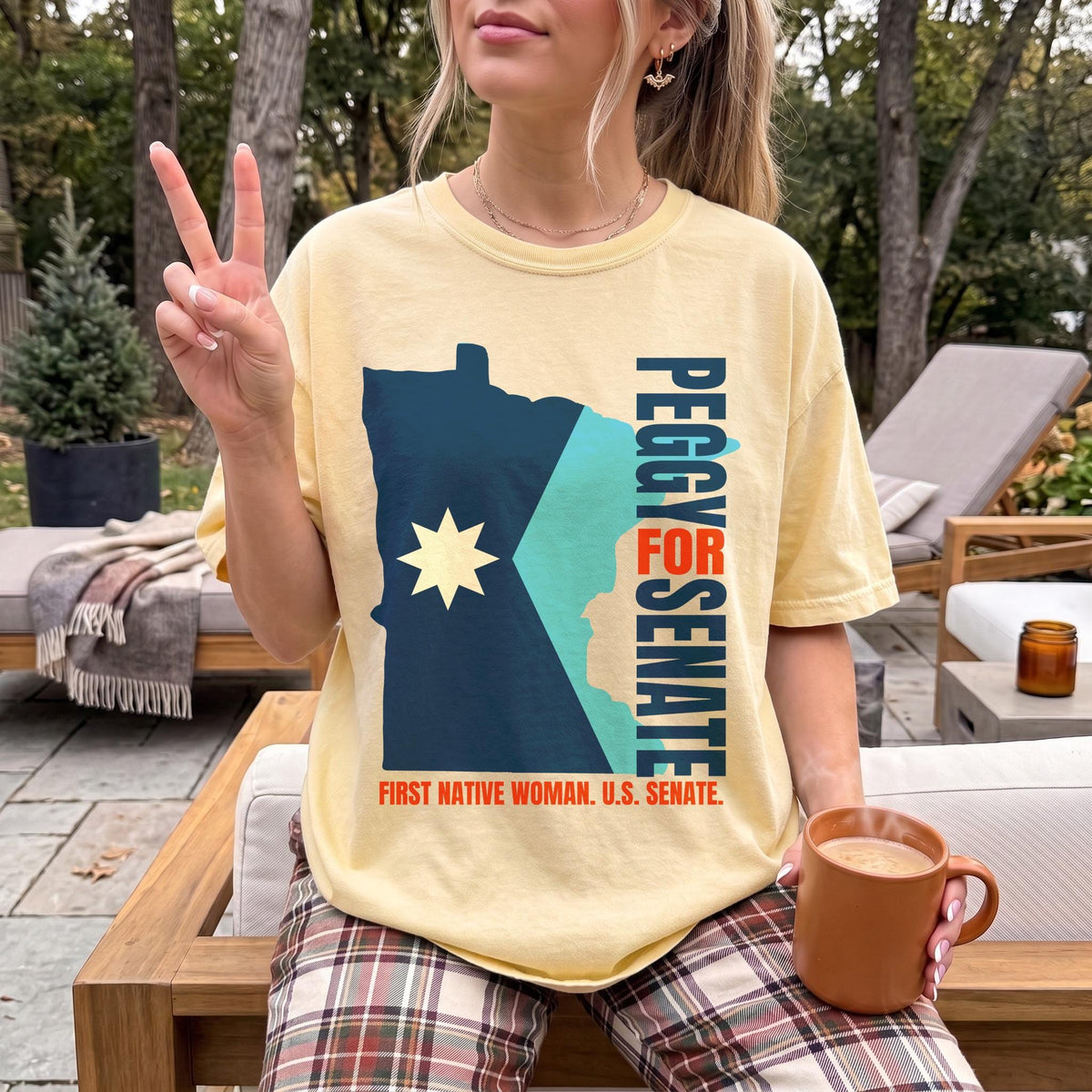 Yellow t-shirt with Minnesota shape graphic and &amp;quot;Peggy for Senate&amp;quot; text.