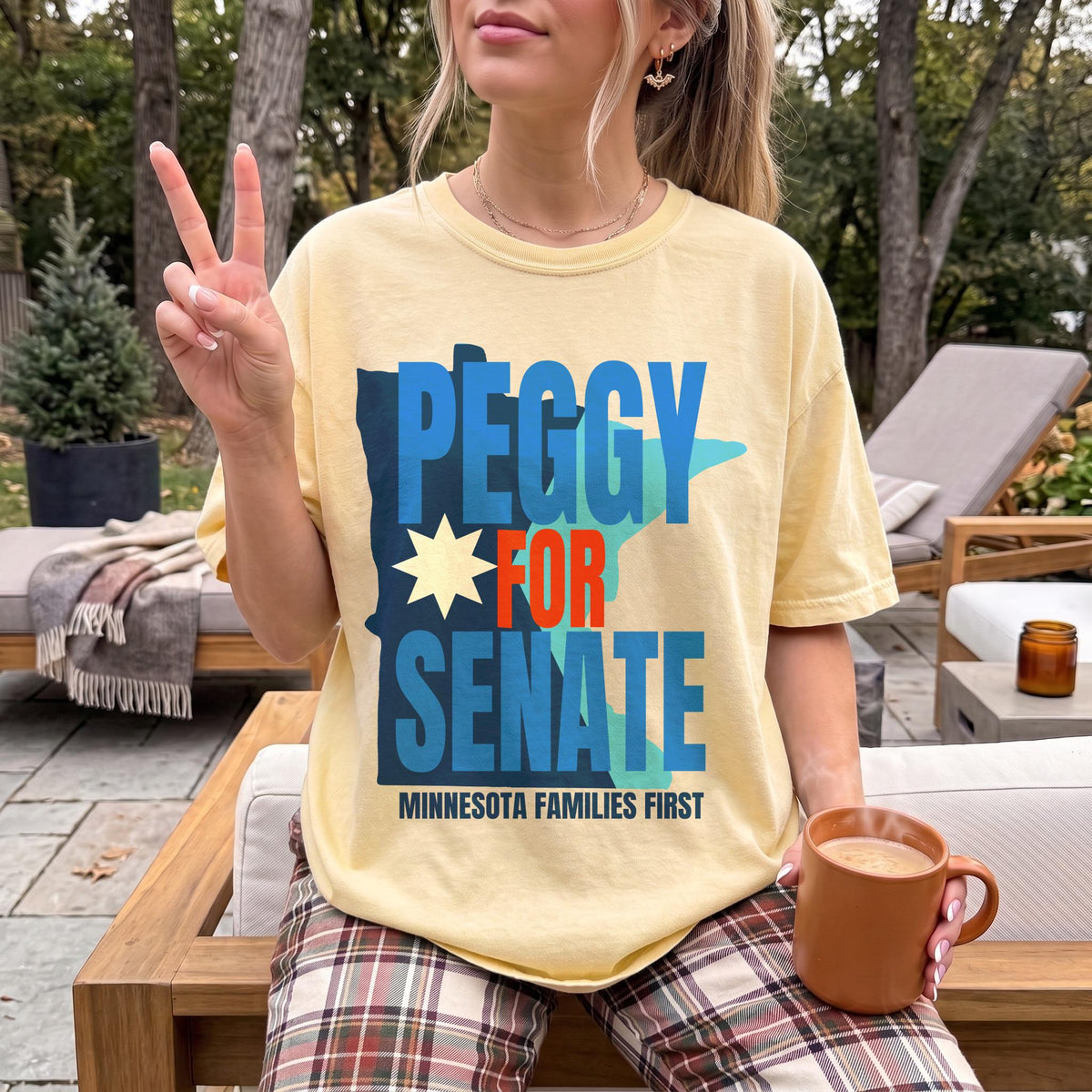 Yellow t-shirt with &amp;quot;Peggy For Senate Minnesota Families First&amp;quot; text and a Minnesota outline.