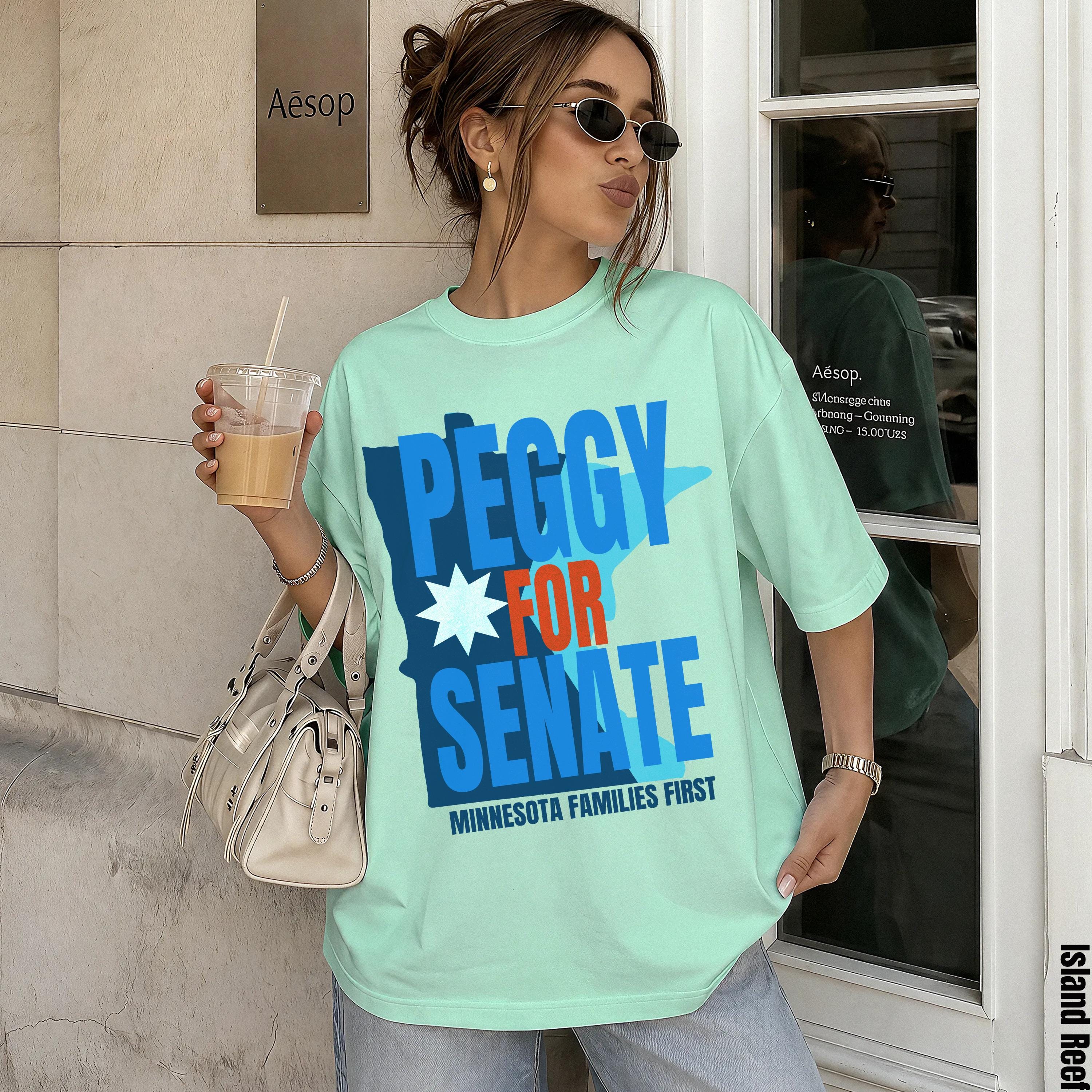 Mint green t-shirt with &amp;quot;Peggy For Senate Minnesota Families First&amp;quot; graphic.