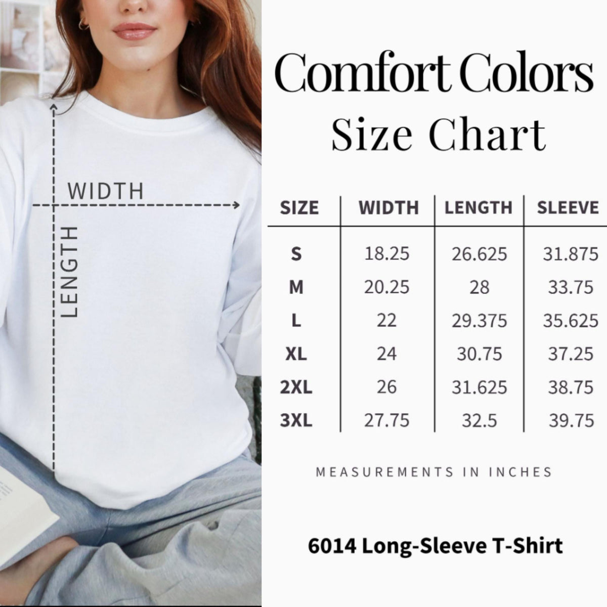 Comfort Colors size chart for 6014 Long-Sleeve T-Shirt, in inches.
