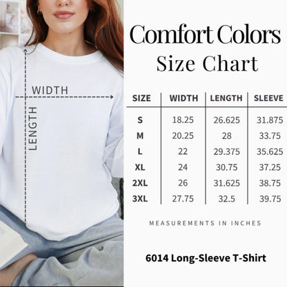 Comfort Colors Size Chart for 6014 Long-Sleeve T-Shirt in inches.