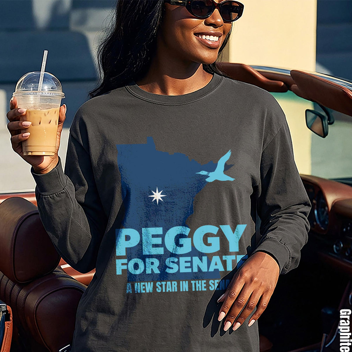Dark grey long-sleeve shirt with &amp;quot;Peggy for Senate&amp;quot; and a duck graphic.