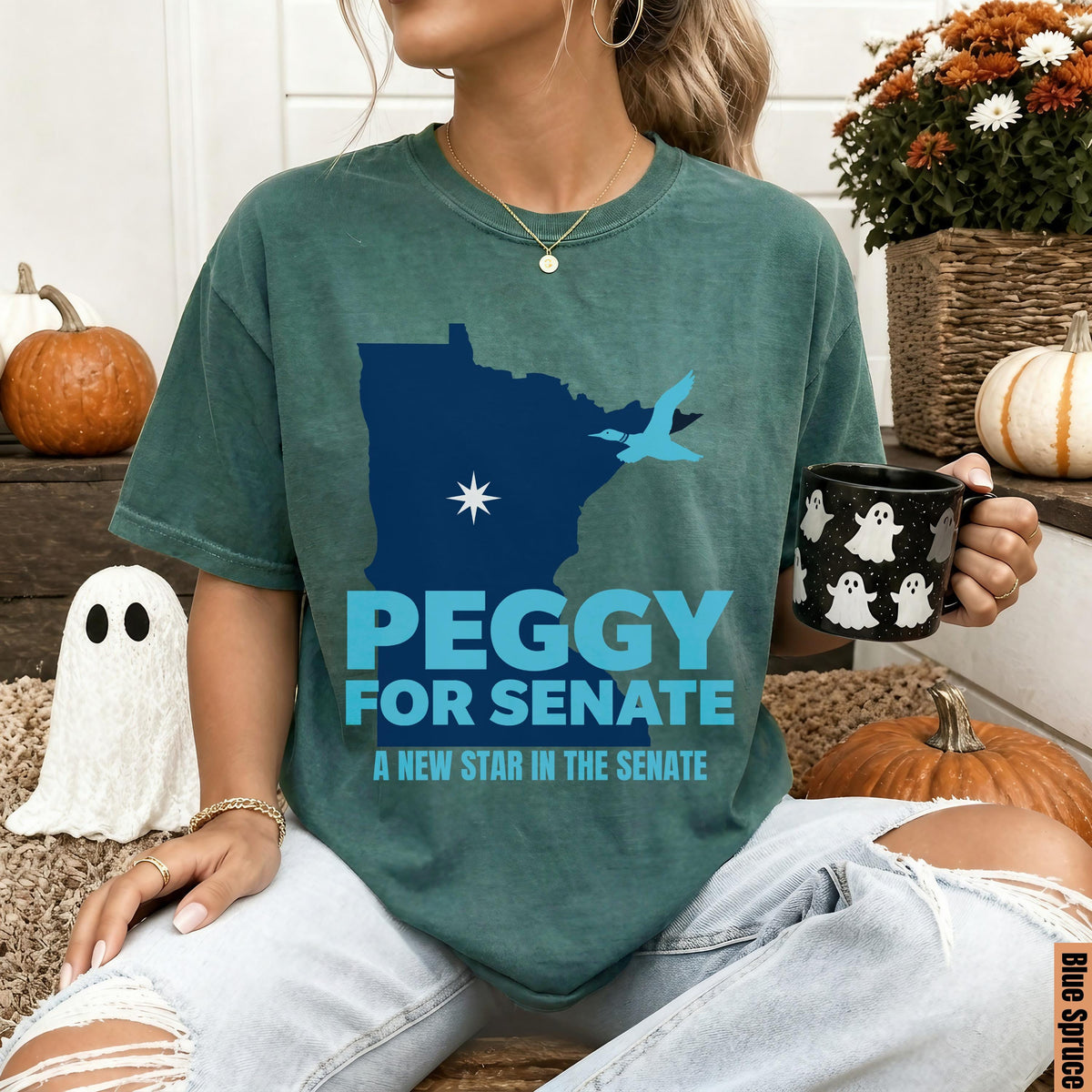 Green t-shirt with &amp;quot;Peggy for Senate A New Star in the Senate&amp;quot; text.