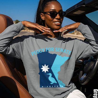 Grey long sleeve shirt with &amp;quot;Peggy for Senate&amp;quot; and Minnesota graphic.