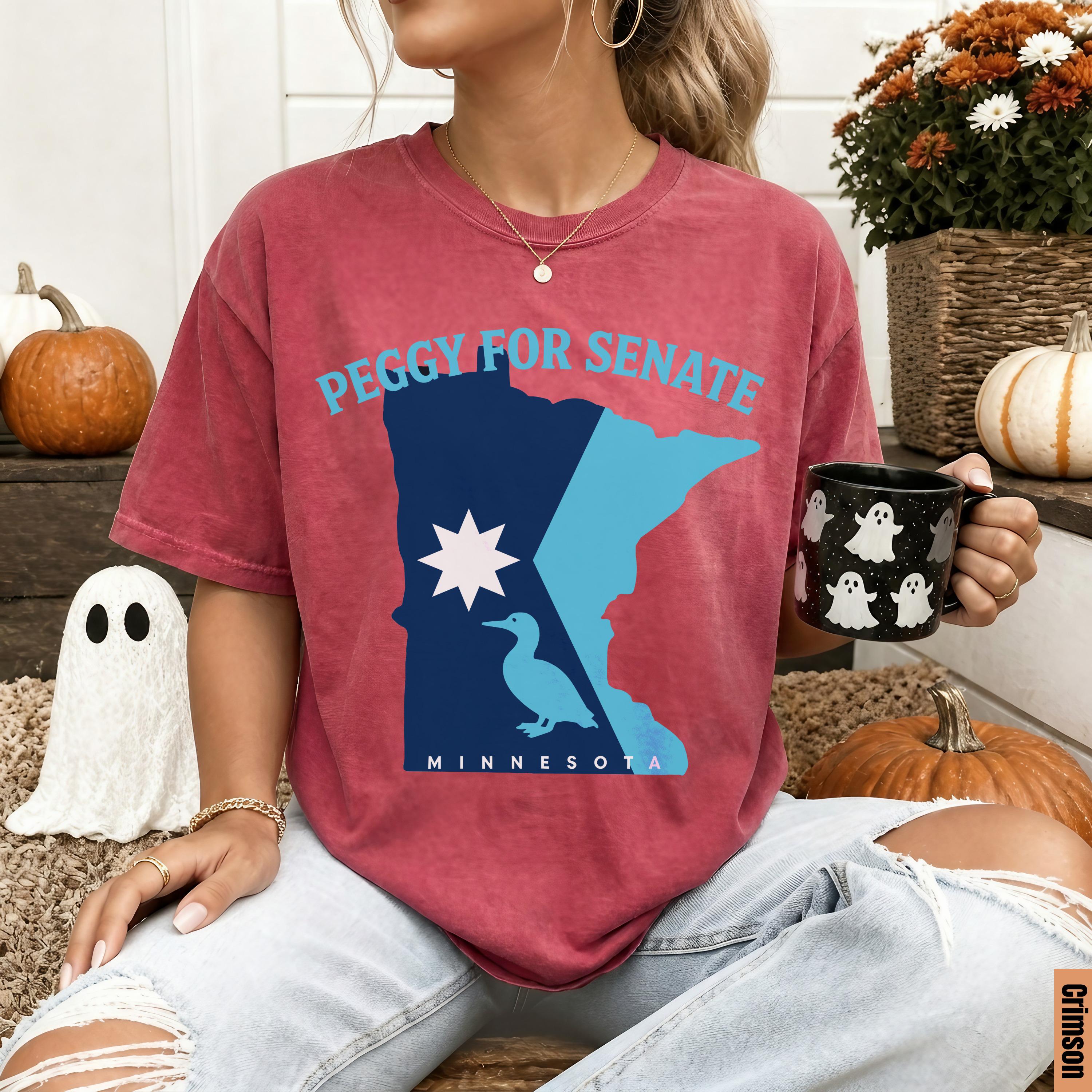 Red t-shirt with Minnesota map, duck, and &amp;quot;Peggy For Senate&amp;quot; text.