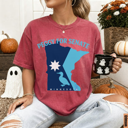 Red t-shirt with Minnesota map, duck, and &amp;quot;Peggy For Senate&amp;quot; text.
