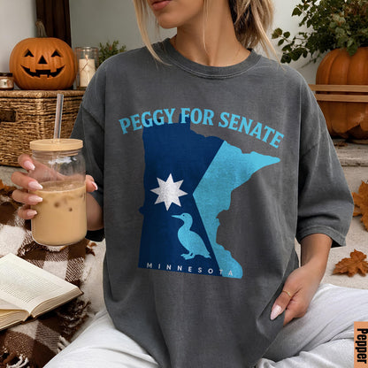 Dark t-shirt with &amp;quot;Peggy for Senate Minnesota&amp;quot; and state outline with loon.