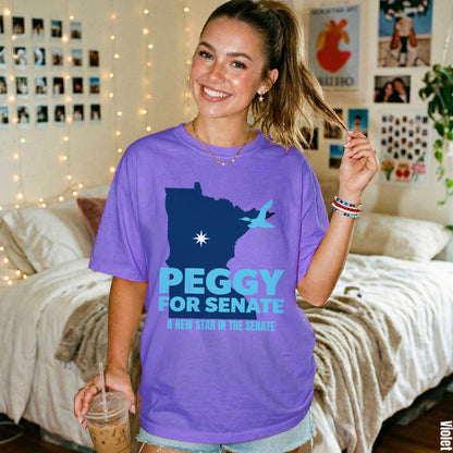 Purple t-shirt with &amp;quot;Peggy for Senate: A New Star in the Senate&amp;quot; text and Minnesota map.