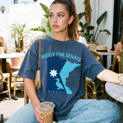 Dark blue t-shirt with &amp;quot;Peggy for Senate&amp;quot; text and Minnesota outline graphic.