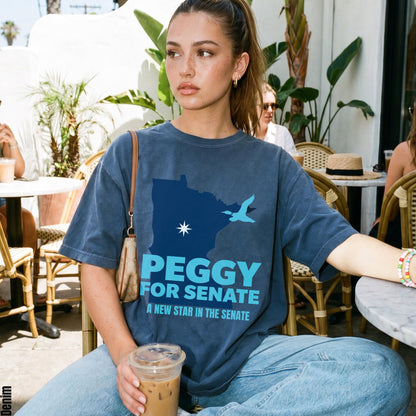 Blue t-shirt with &amp;quot;Peggy for Senate: A New Star in the Senate&amp;quot; text and state outline.