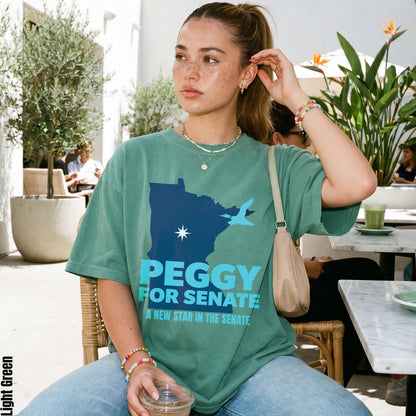 Green t-shirt with &amp;quot;Peggy For Senate A New Star in the Senate&amp;quot; text and state graphic.