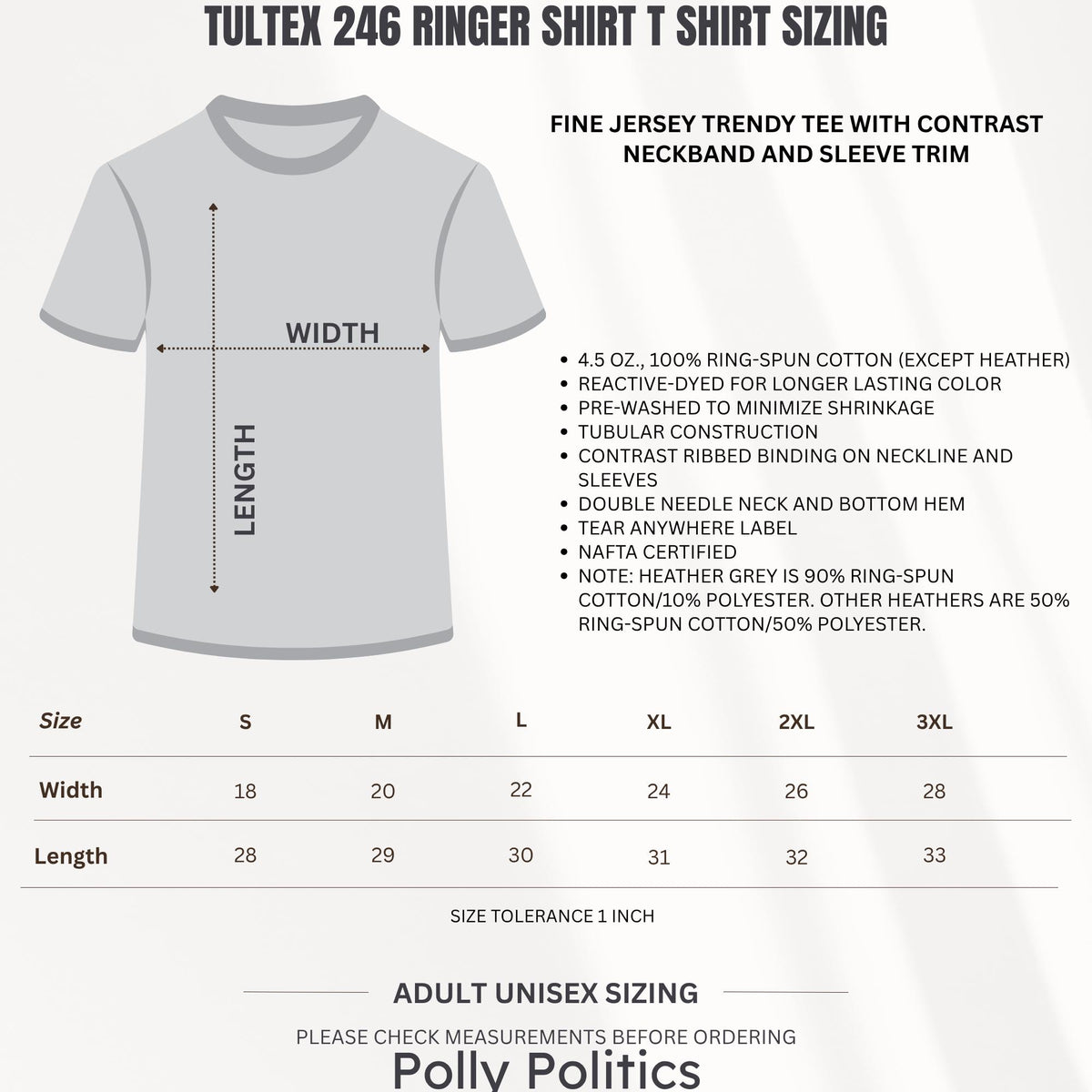 Tultex 246 ringer shirt sizing chart with width and length measurements.