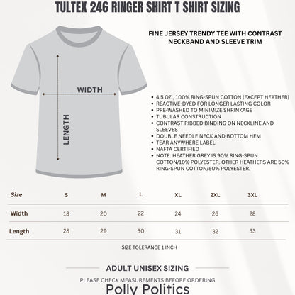 Tultex 246 ringer shirt sizing chart with width and length measurements.