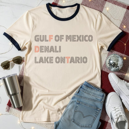 Cream ringer tee with &amp;quot;GULF OF MEXICO DENALI LAKE ONTARIO&amp;quot; text.
