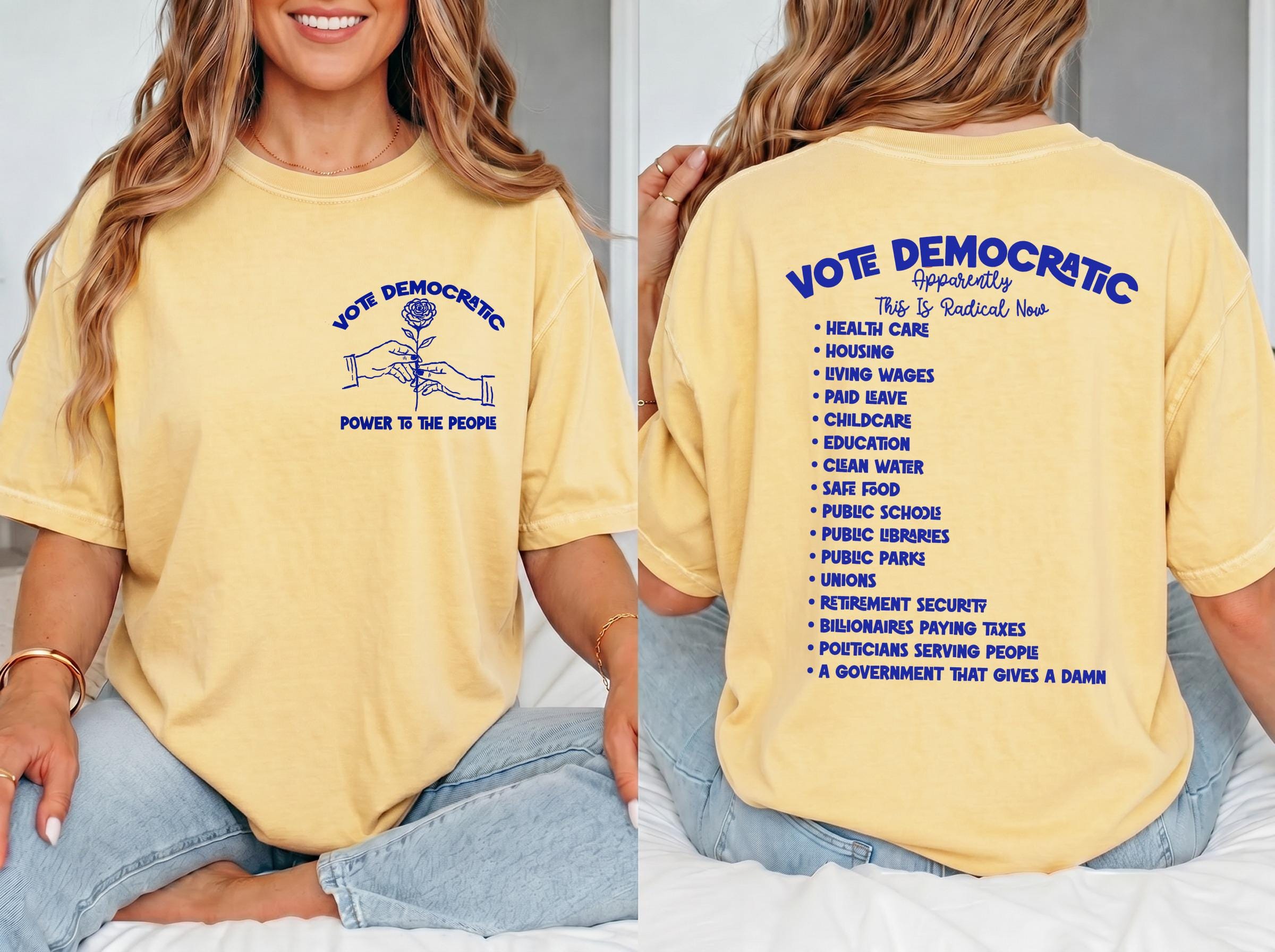 Yellow t-shirt with &amp;quot;Vote Democratic&amp;quot; and a rose, and a list of political issues.