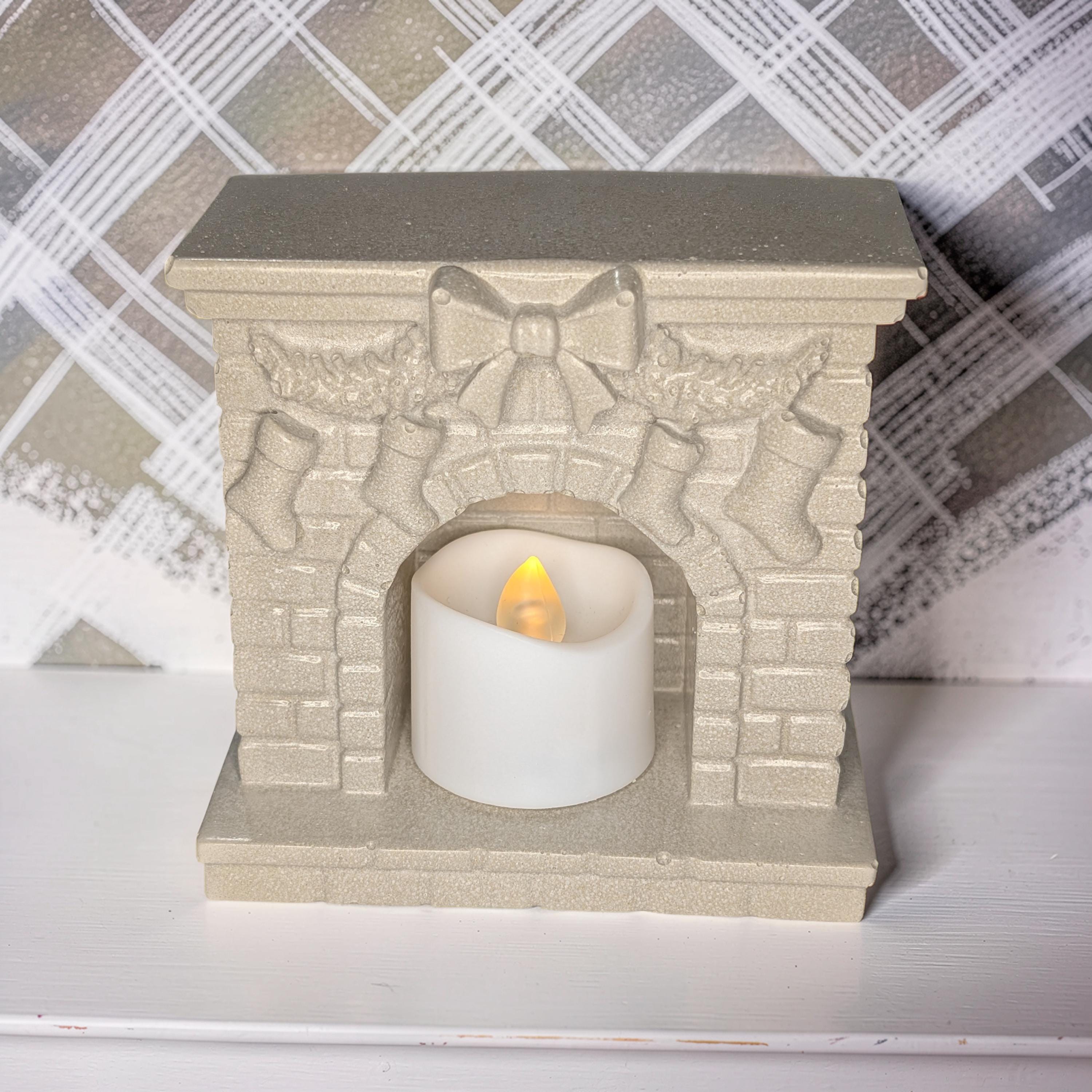 Mini Concrete Christmas Fireplace Candle Holder | Cute Holiday Mantle Decor, Tealight Burner &amp; Tiered Tray Accent | Cozy Winter Home Decor