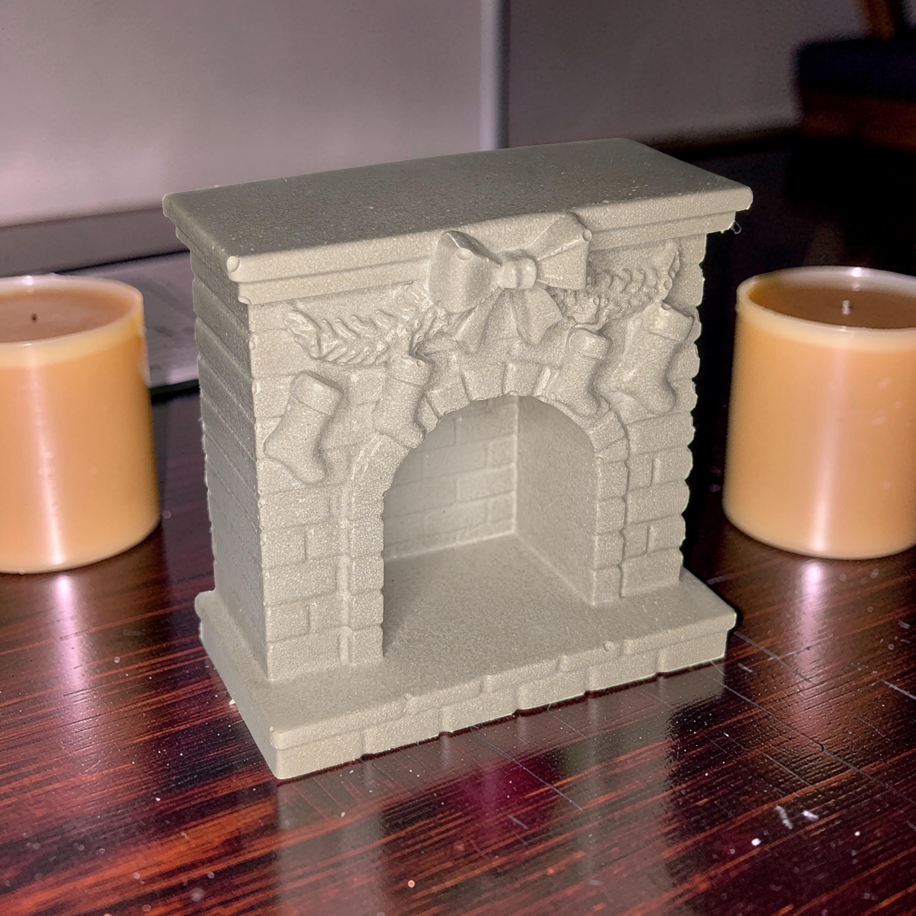 Mini Concrete Christmas Fireplace Candle Holder | Cute Holiday Mantle Decor, Tealight Burner &amp; Tiered Tray Accent | Cozy Winter Home Decor