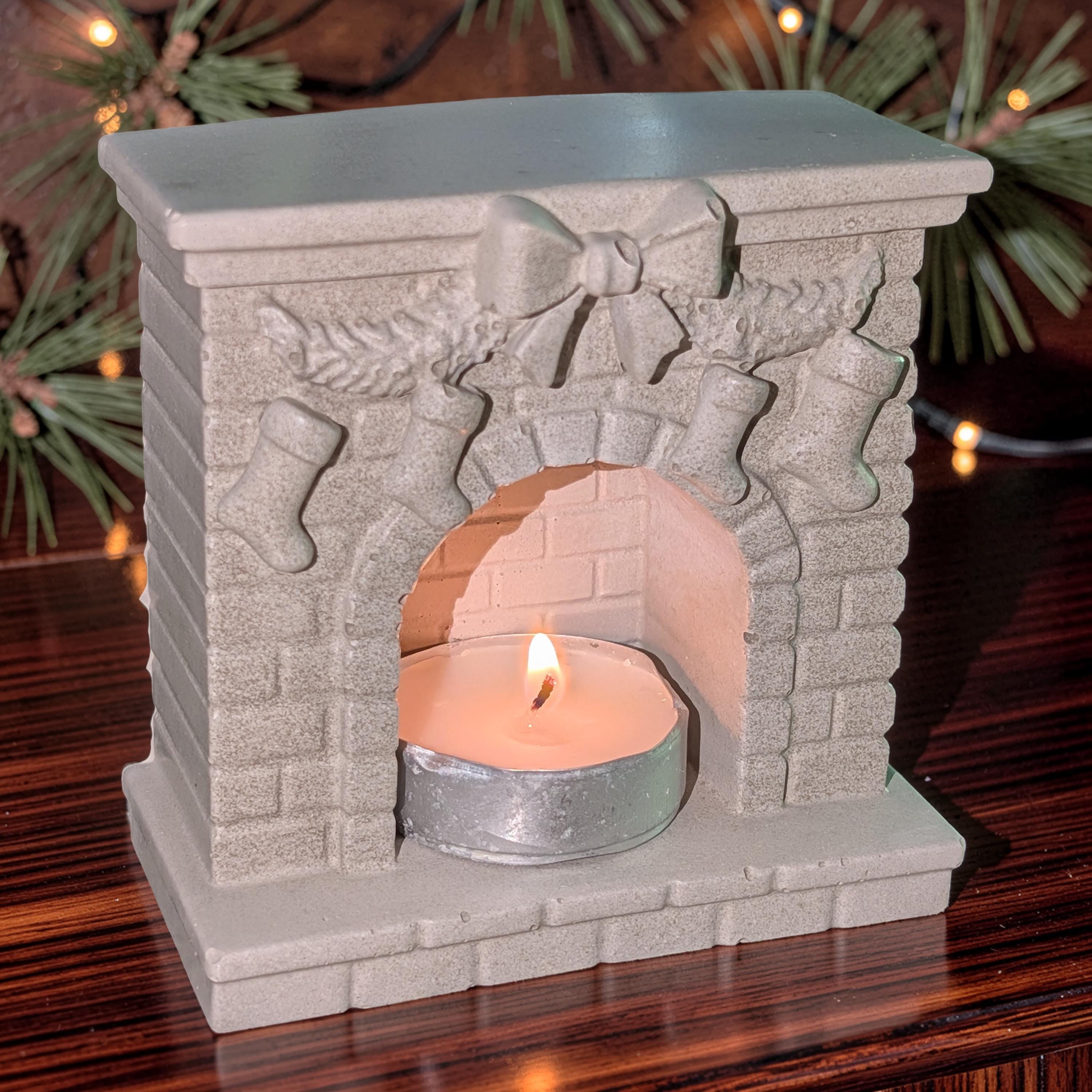 Mini Concrete Christmas Fireplace Candle Holder | Cute Holiday Mantle Decor, Tealight Burner &amp; Tiered Tray Accent | Cozy Winter Home Decor