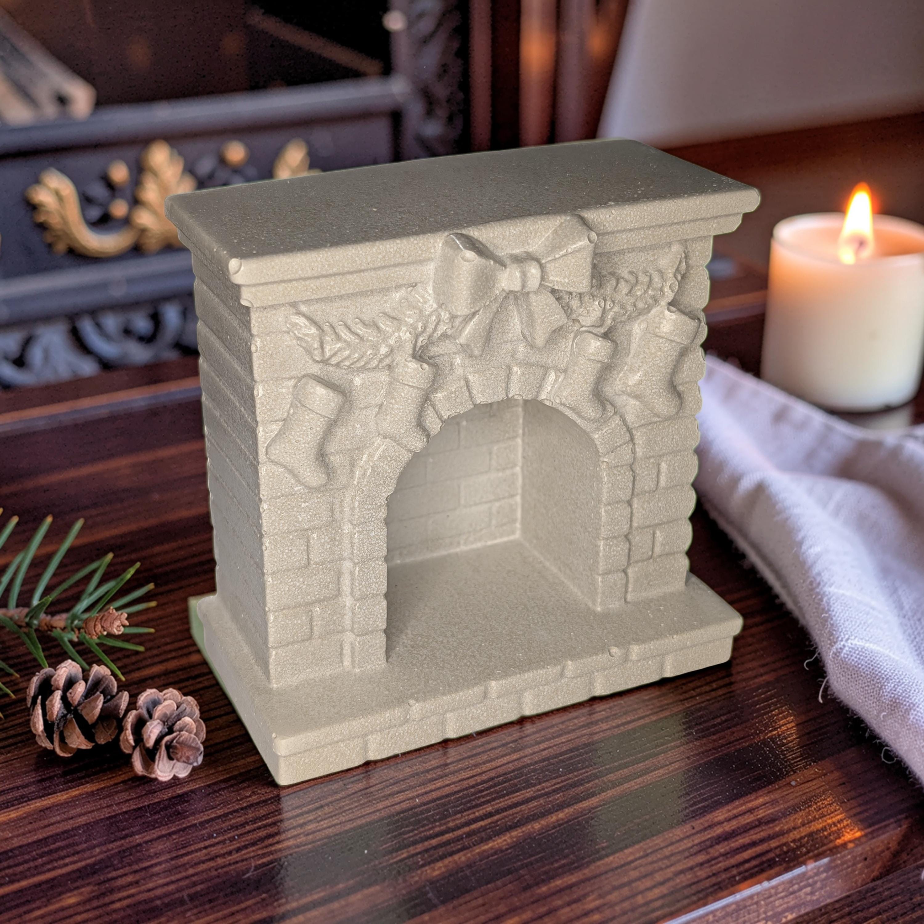 Mini Concrete Christmas Fireplace Candle Holder | Cute Holiday Mantle Decor, Tealight Burner &amp; Tiered Tray Accent | Cozy Winter Home Decor
