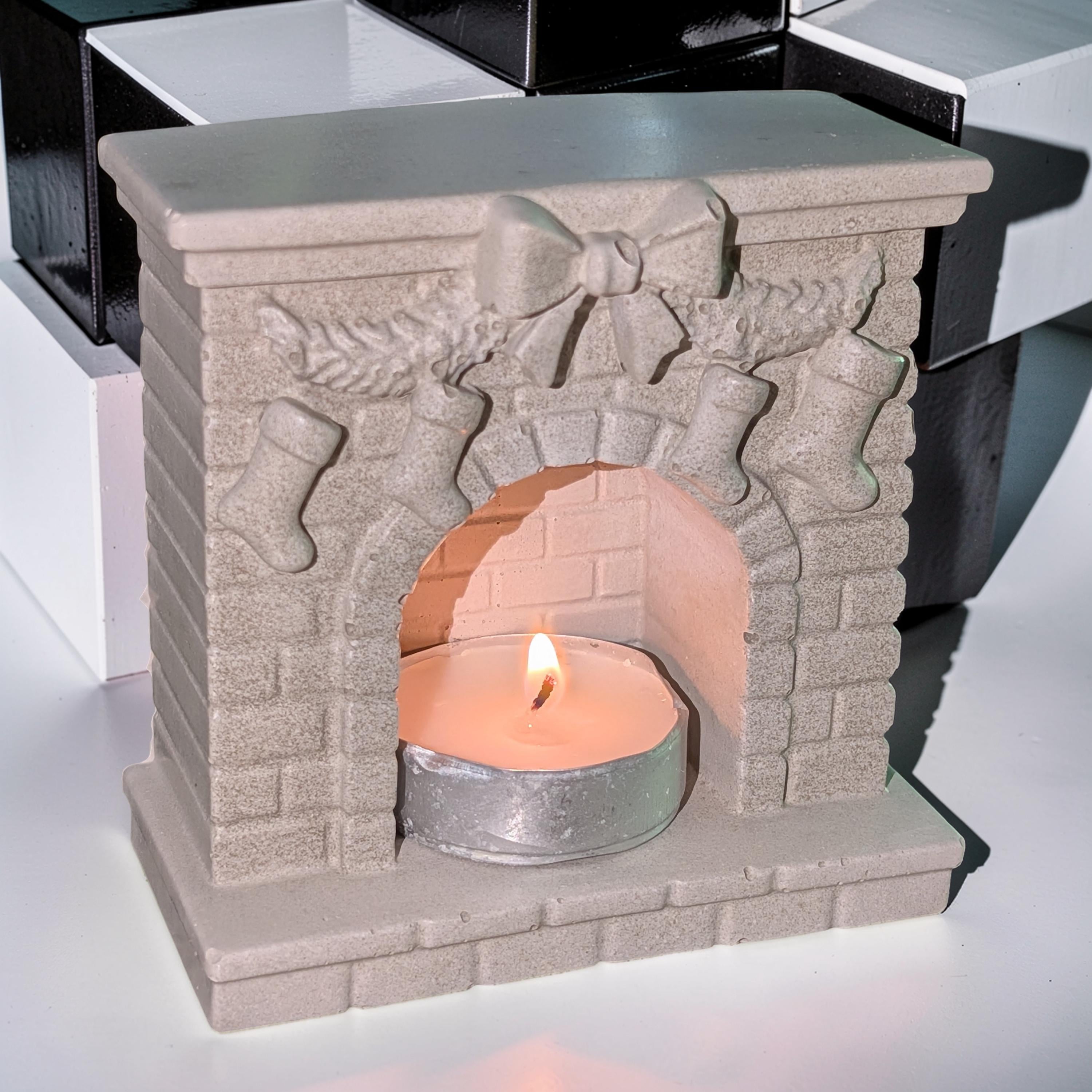Mini Concrete Christmas Fireplace Candle Holder | Cute Holiday Mantle Decor, Tealight Burner &amp; Tiered Tray Accent | Cozy Winter Home Decor