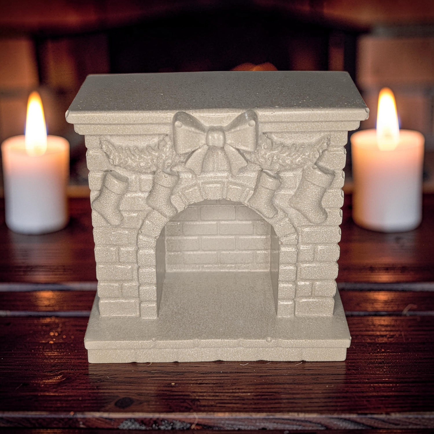 Mini Concrete Christmas Fireplace Candle Holder | Cute Holiday Mantle Decor, Tealight Burner &amp; Tiered Tray Accent | Cozy Winter Home Decor