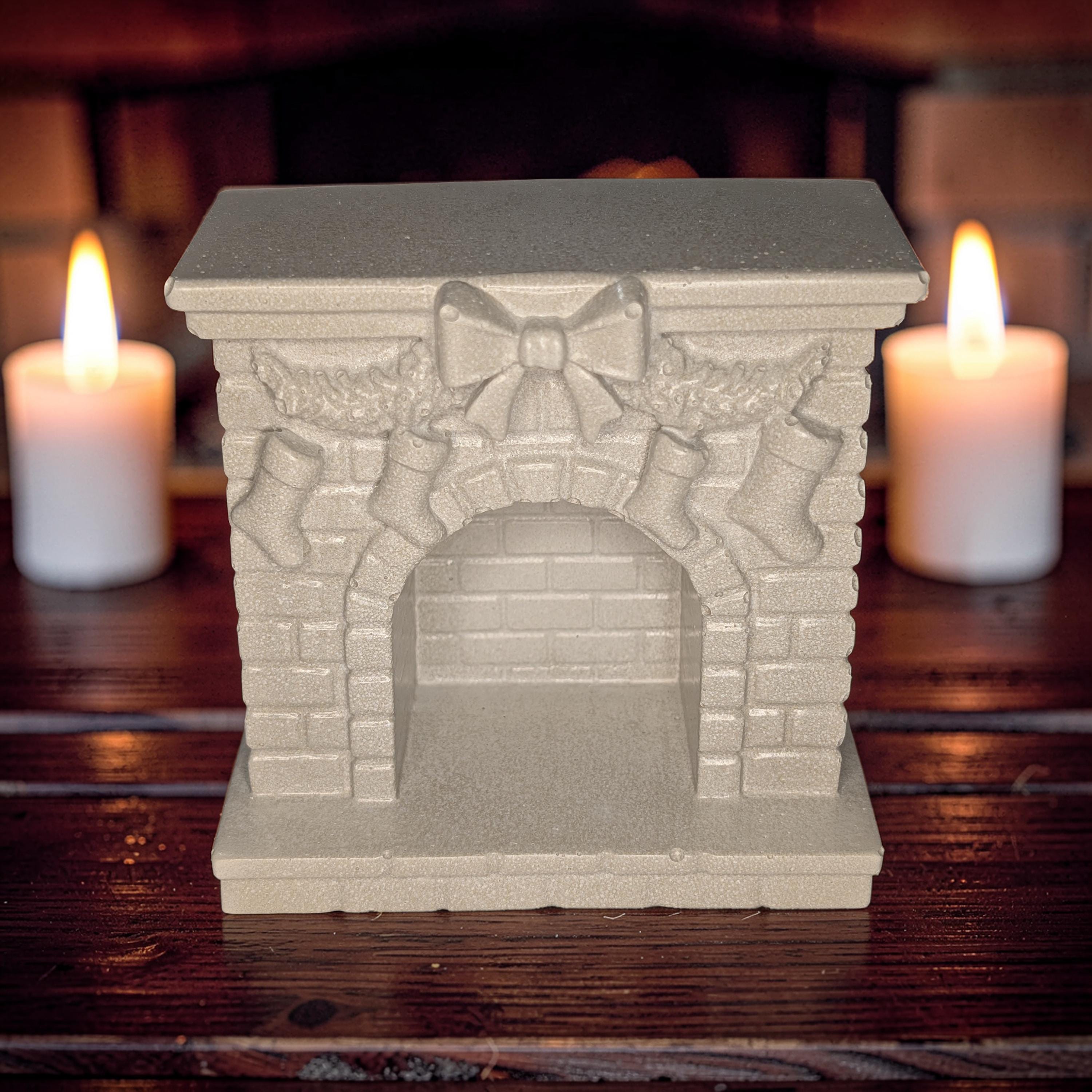 Mini Concrete Christmas Fireplace Candle Holder | Cute Holiday Mantle Decor, Tealight Burner &amp; Tiered Tray Accent | Cozy Winter Home Decor