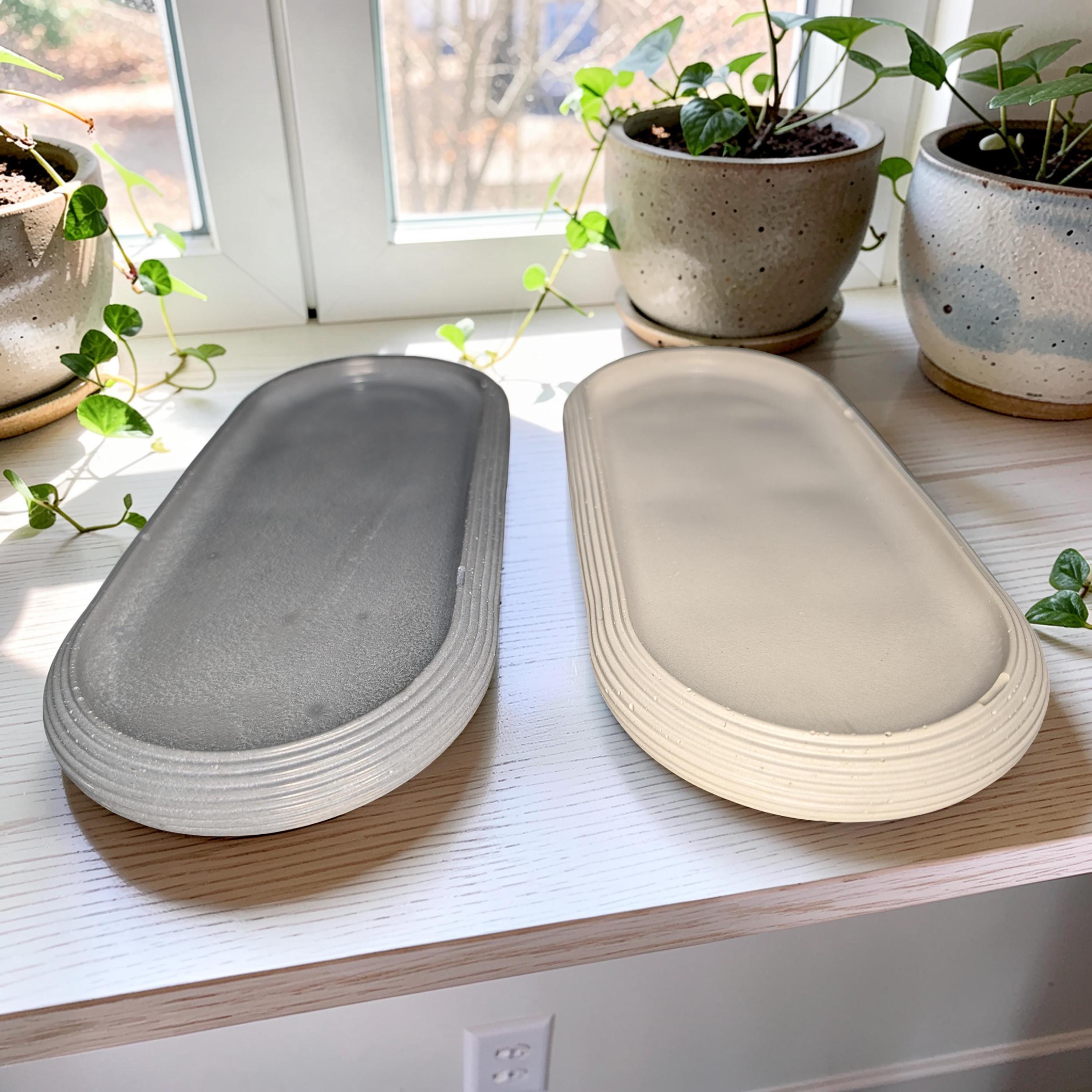Large Concrete Vanity Tray, Oval Ribbed Catchall Dish, Minimalist Bathroom Counter Organizer, Modern Candle|Perfume Tray, Entryway Key Dish