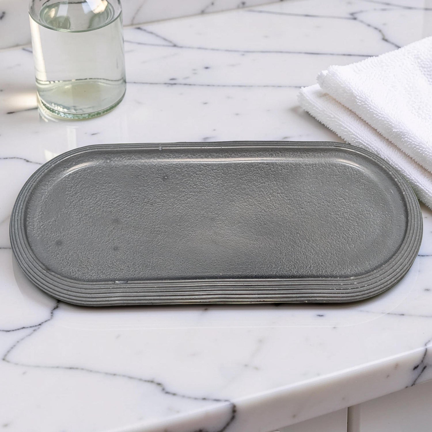 Large Concrete Vanity Tray, Oval Ribbed Catchall Dish, Minimalist Bathroom Counter Organizer, Modern Candle|Perfume Tray, Entryway Key Dish