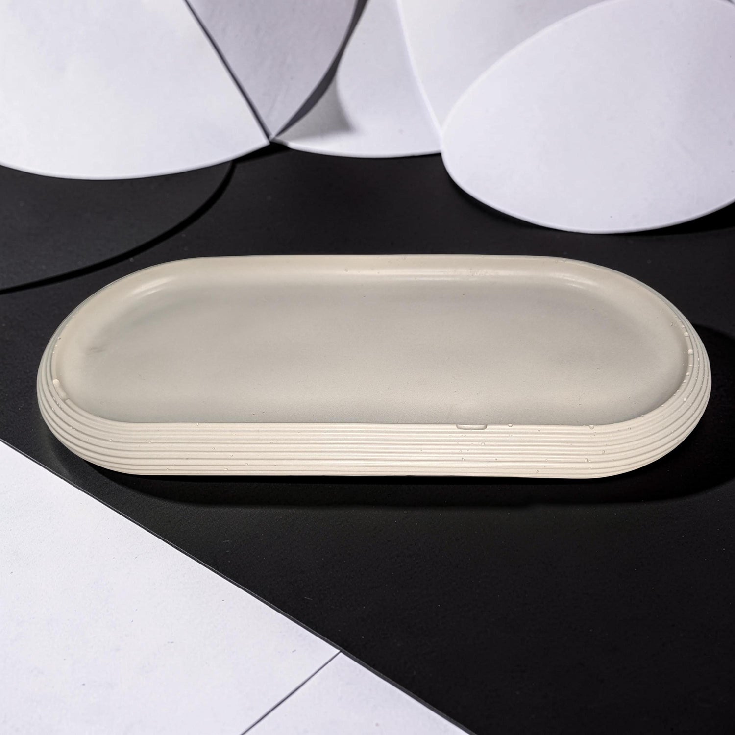 Large Concrete Vanity Tray, Oval Ribbed Catchall Dish, Minimalist Bathroom Counter Organizer, Modern Candle|Perfume Tray, Entryway Key Dish