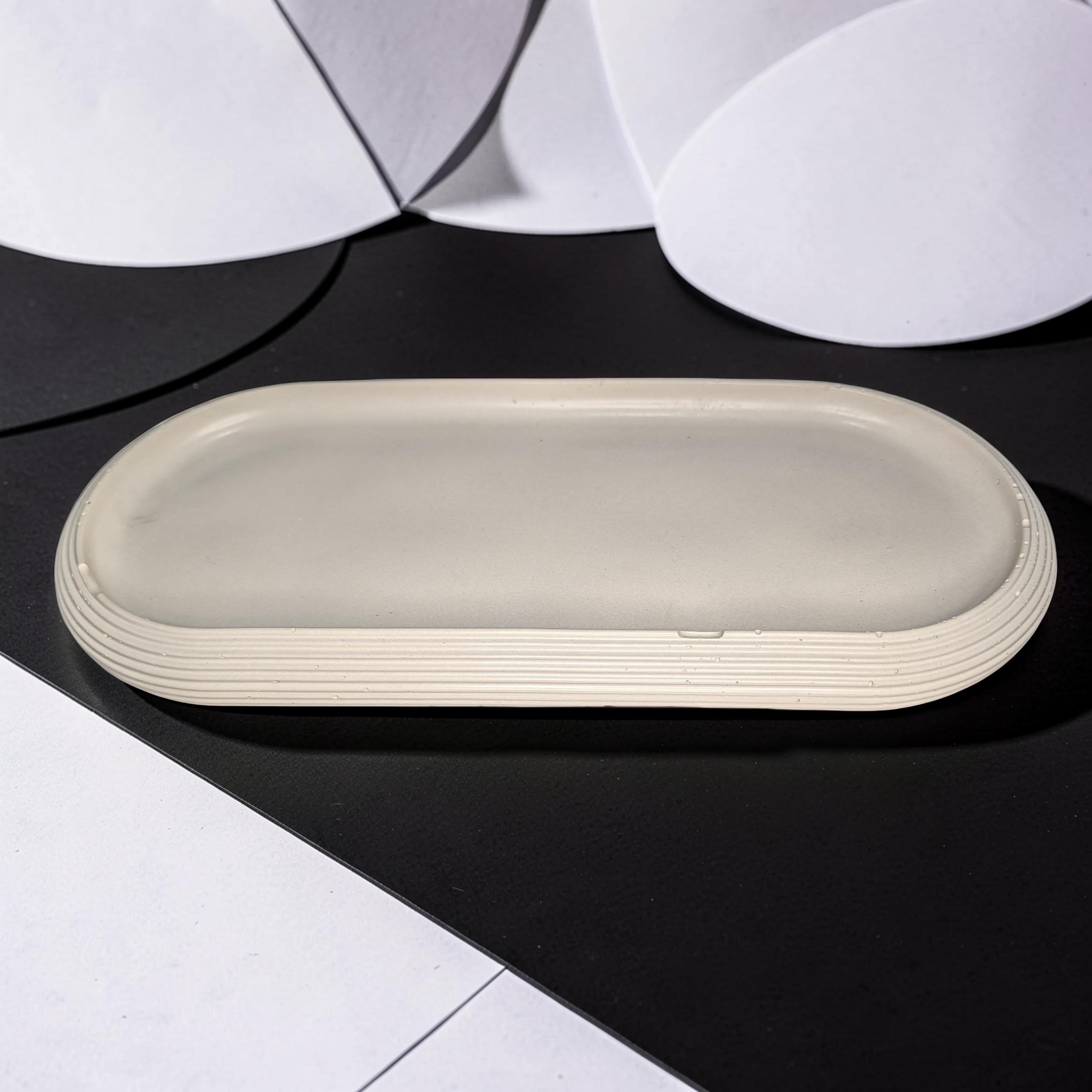 Large Concrete Vanity Tray, Oval Ribbed Catchall Dish, Minimalist Bathroom Counter Organizer, Modern Candle|Perfume Tray, Entryway Key Dish