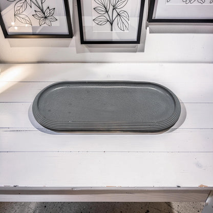 Large Concrete Vanity Tray, Oval Ribbed Catchall Dish, Minimalist Bathroom Counter Organizer, Modern Candle|Perfume Tray, Entryway Key Dish