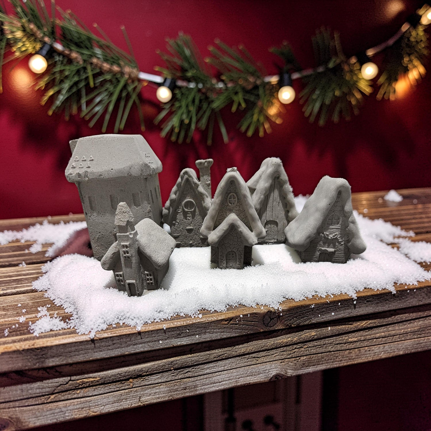 Mini Concrete Christmas Village, Set of 6 Miniature Houses, Natural Concrete Paintable DIY Kit, Silver Village Decor, Mantel Holiday Display