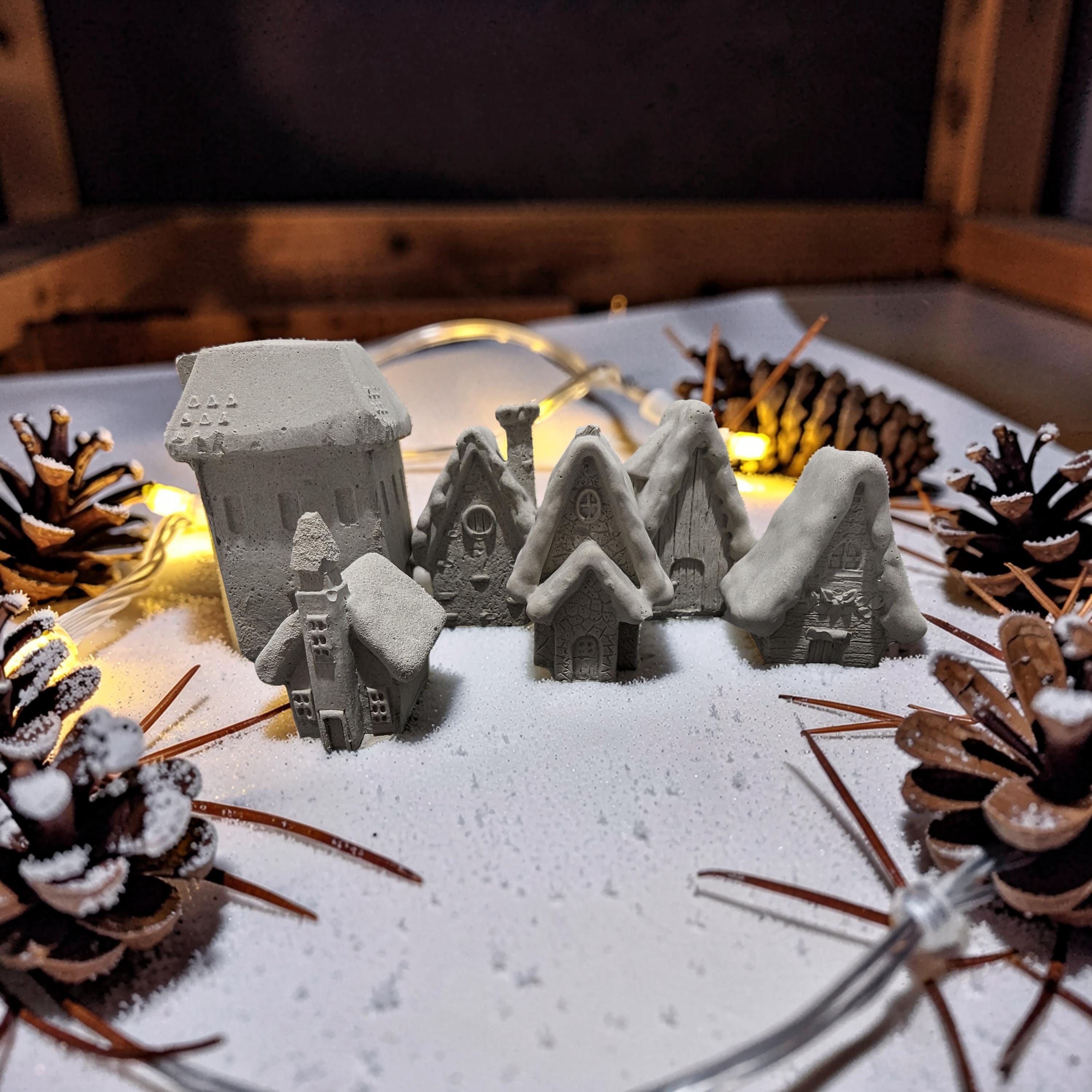 Mini Concrete Christmas Village, Set of 6 Miniature Houses, Natural Concrete Paintable DIY Kit, Silver Village Decor, Mantel Holiday Display