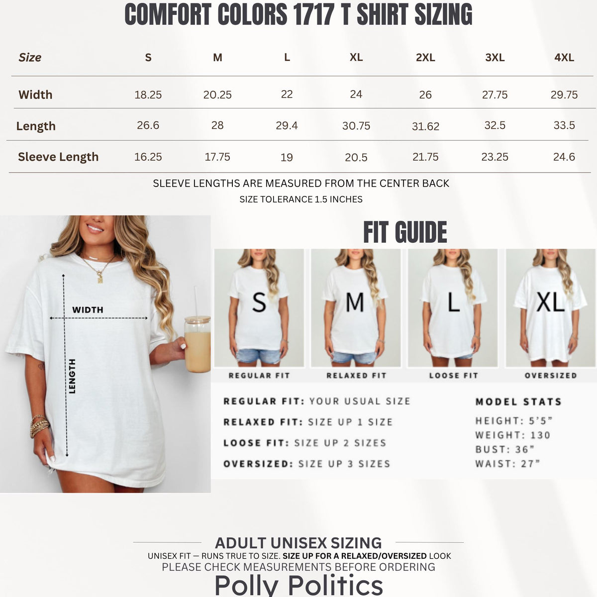 Comfort Colors 1717 t-shirt sizing chart with width, length, and sleeve measurements.
