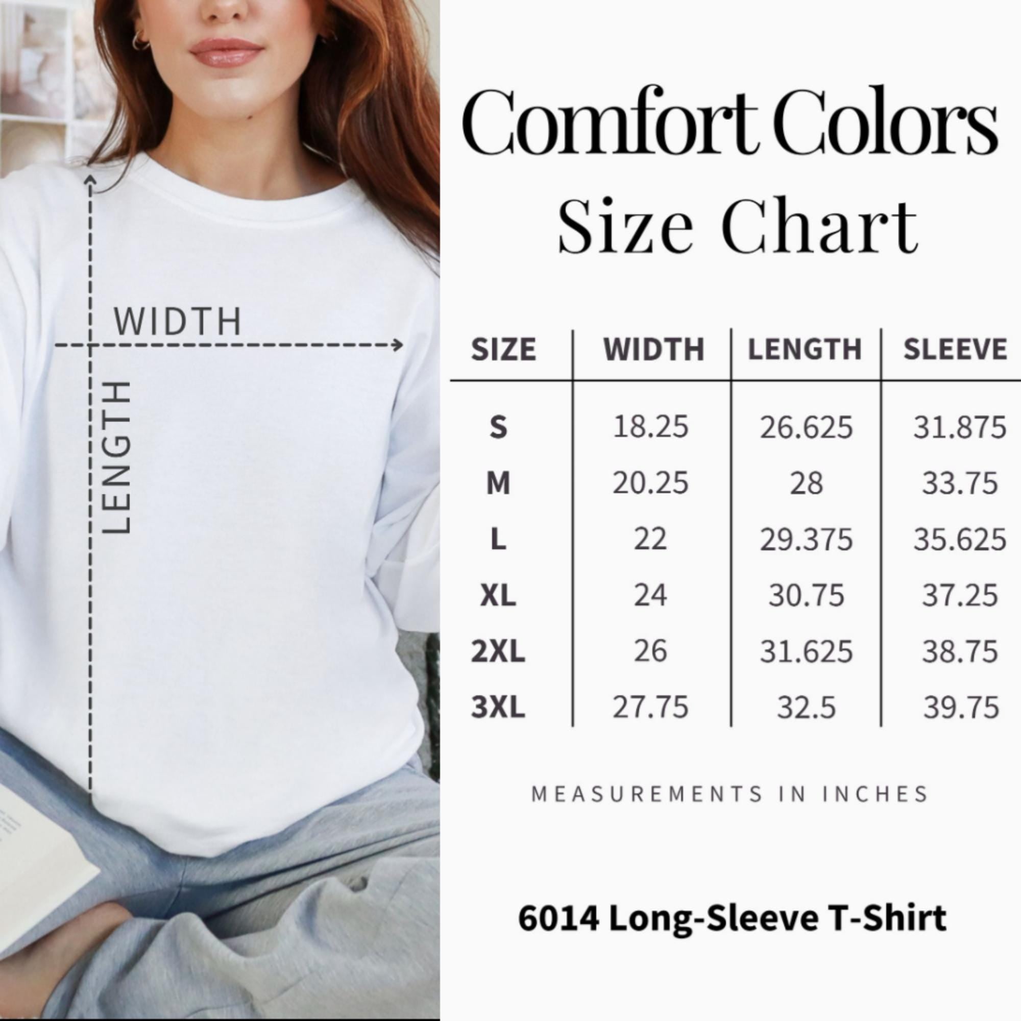 Comfort Colors long-sleeve t-shirt size chart with width, length, and sleeve measurements in inches.