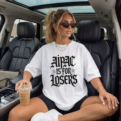 Woman in white t-shirt with &amp;quot;Aipac is for losers&amp;quot; graphic sitting in car.