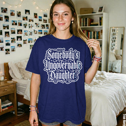 Navy t-shirt with white gothic text &amp;quot;Somebody&amp;
