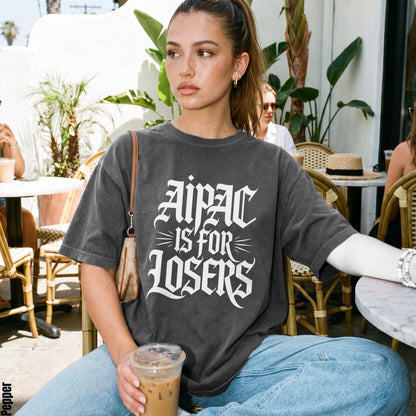 Woman wearing a dark gray t-shirt with &amp;quot;Aipac Is For Losers&amp;quot; graphic.