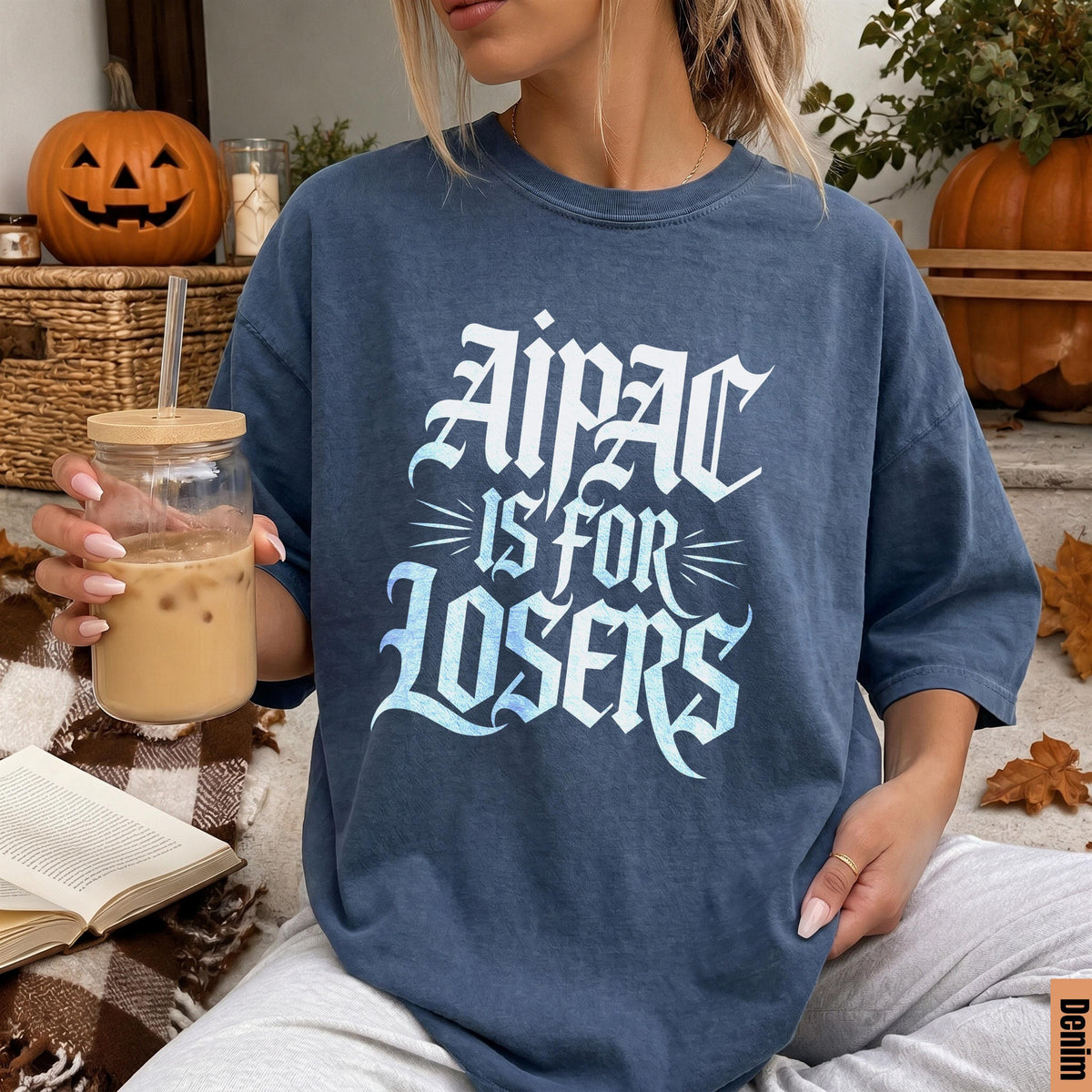 Blue t-shirt with &amp;quot;Aipac is for losers&amp;quot; text in white and blue.
