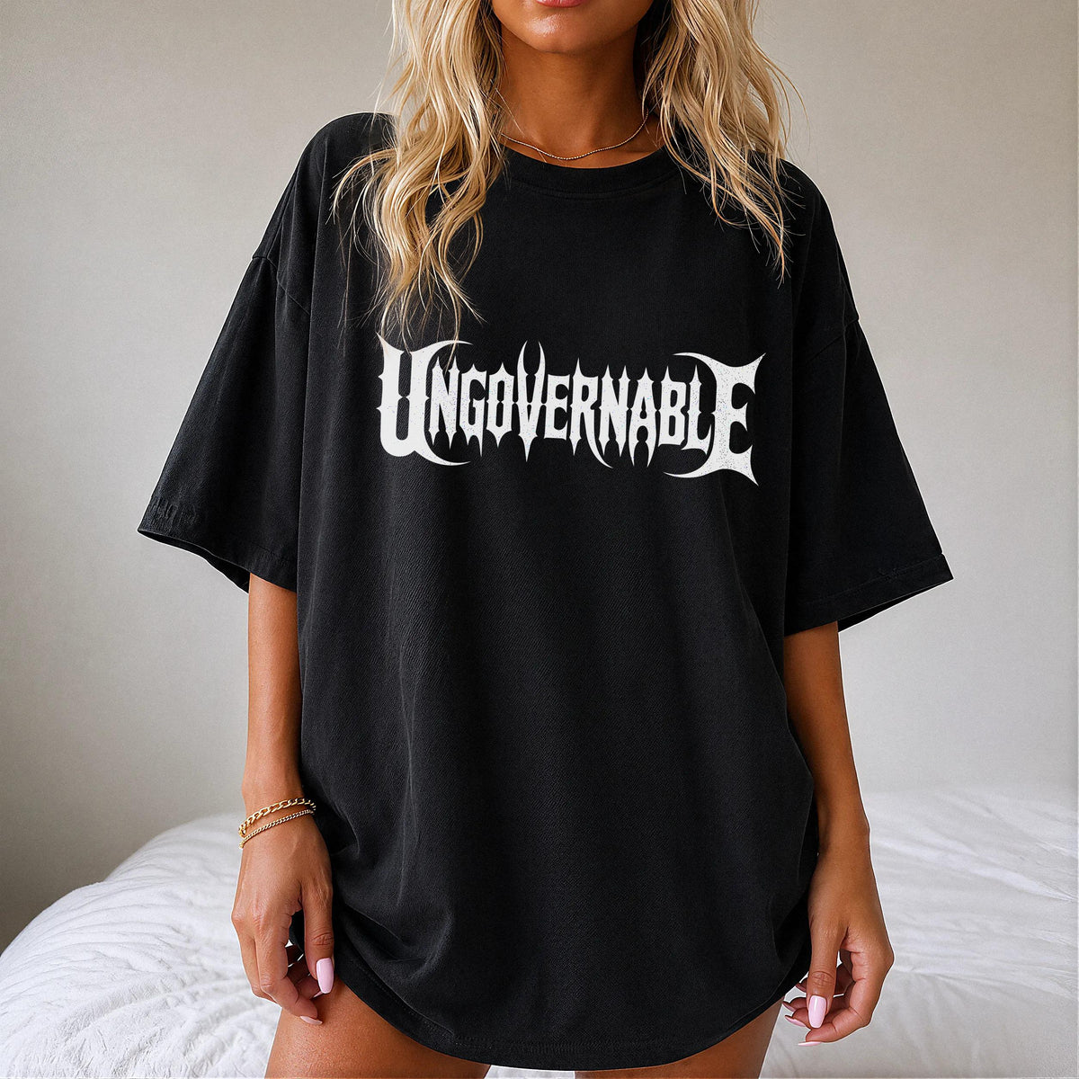 Black t-shirt with &amp;quot;UNGOVERNABLE&amp;quot; text in white gothic font.