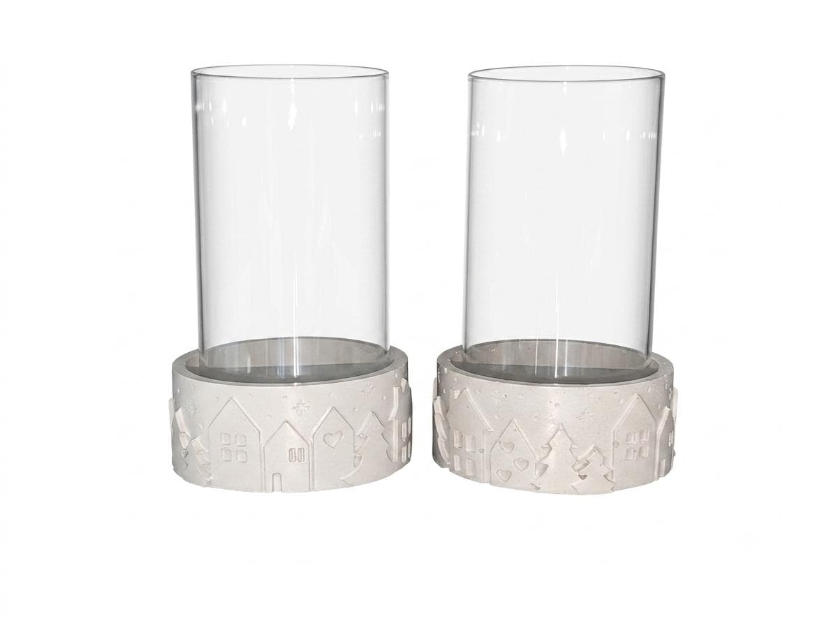Set of 2 Concrete Pillar Candle Holders with Glass Hurricane Tubes | Winter Village Christmas Decor | Nordic Table Centerpiece