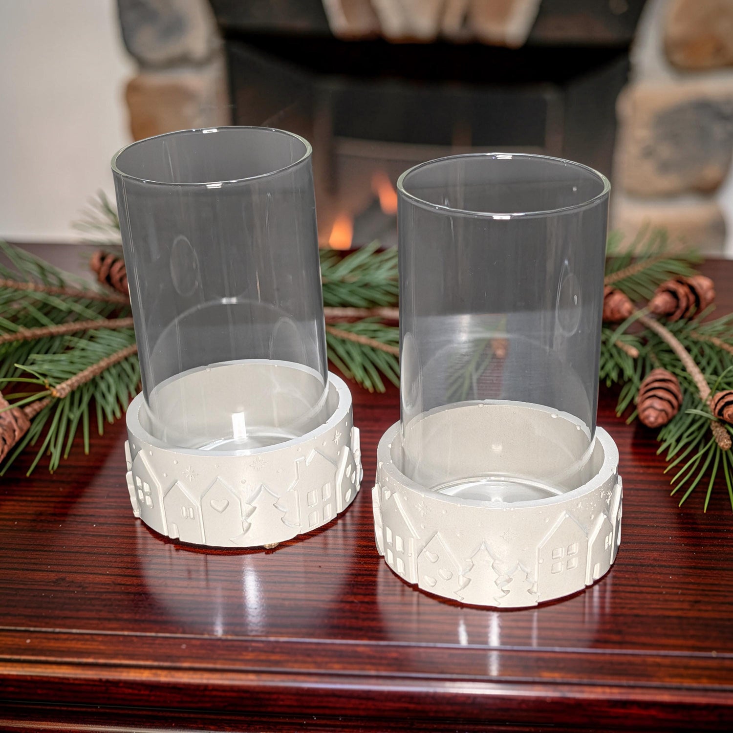 Set of 2 Concrete Pillar Candle Holders with Glass Hurricane Tubes | Winter Village Christmas Decor | Nordic Table Centerpiece