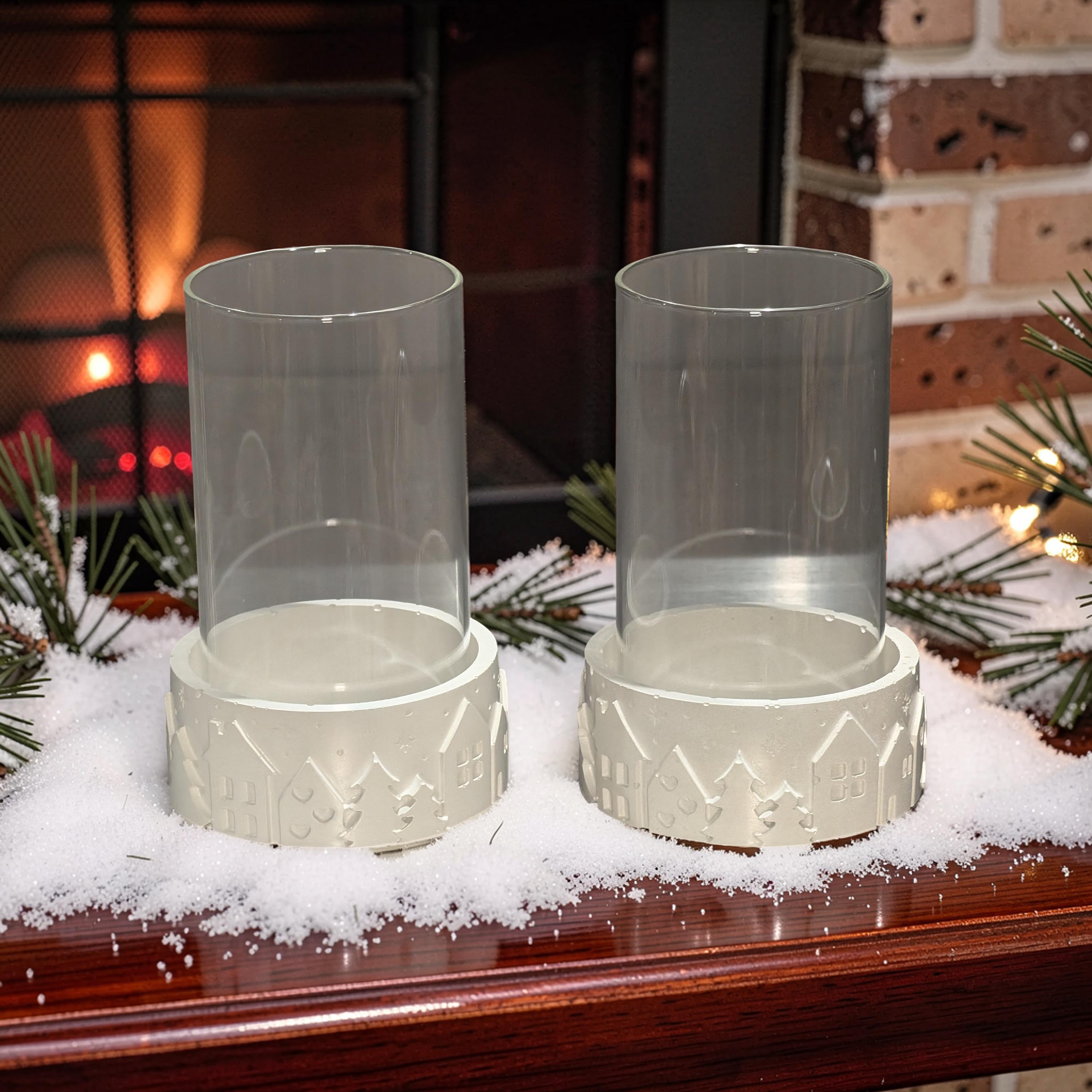 Set of 2 Concrete Pillar Candle Holders with Glass Hurricane Tubes | Winter Village Christmas Decor | Nordic Table Centerpiece